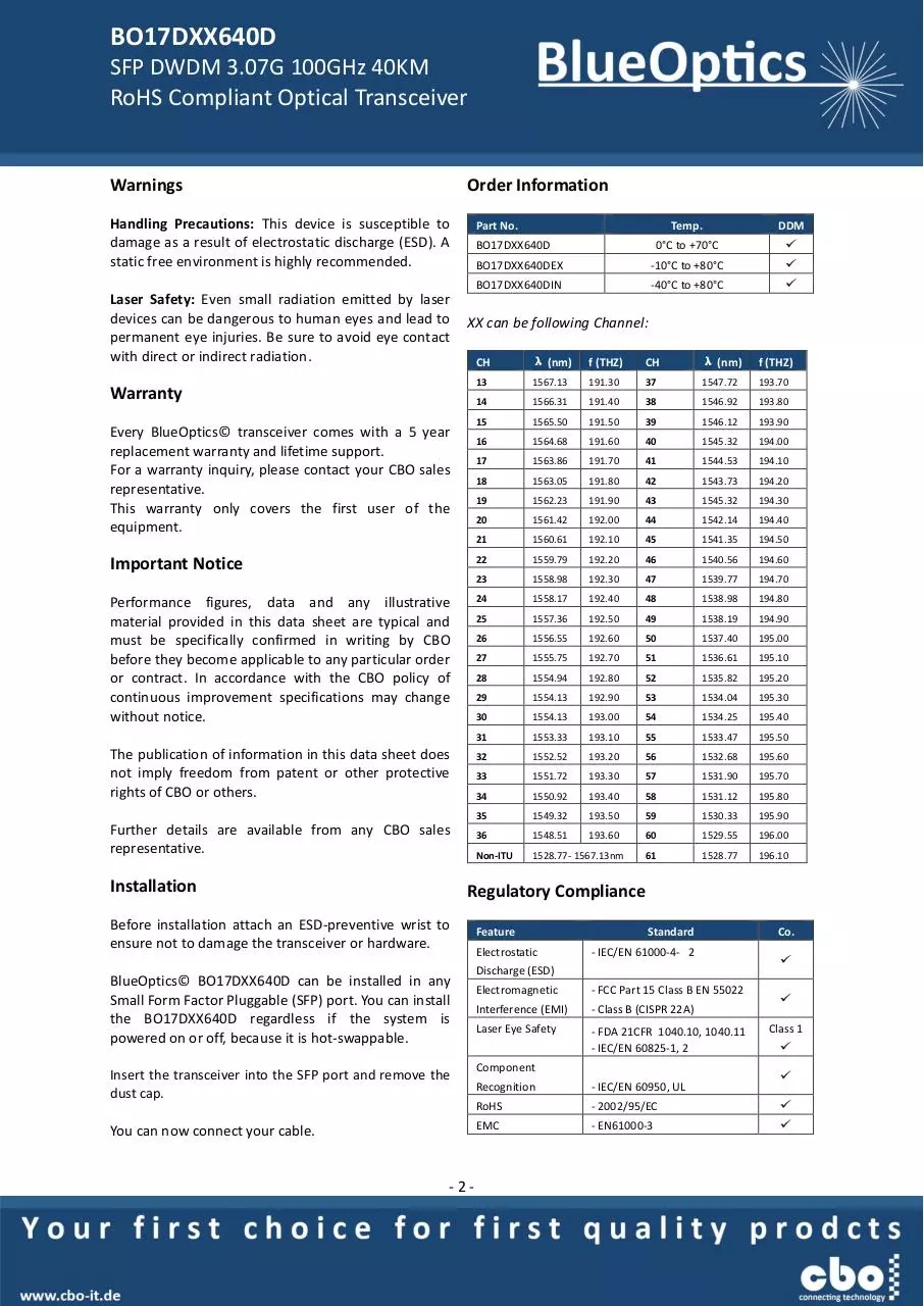 Page 2 of 7, BlueOptics BO17DXX640D SFP DWDM Transceiver c band