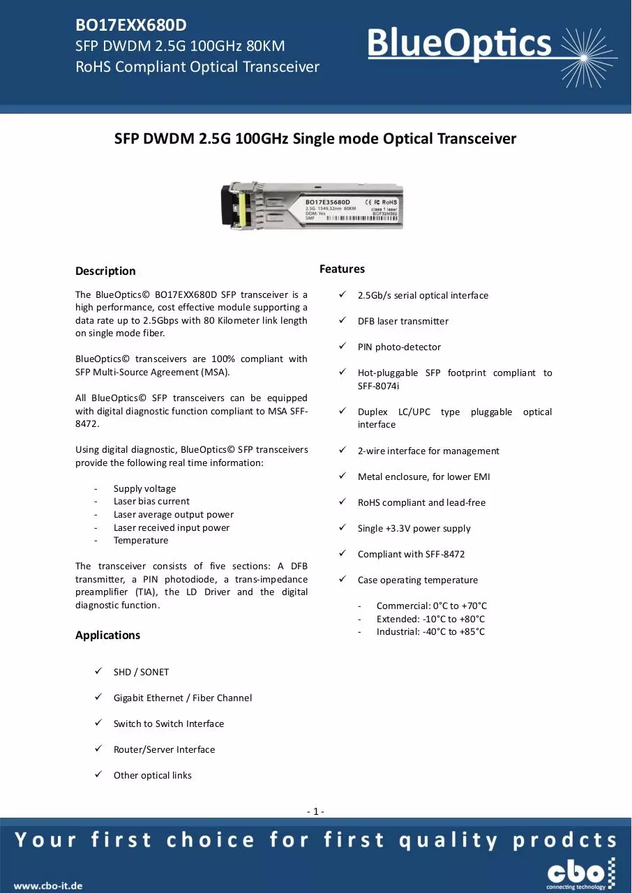 Page 1 of 7, BlueOptics BO17EXX680D SFP DWDM Transceiver