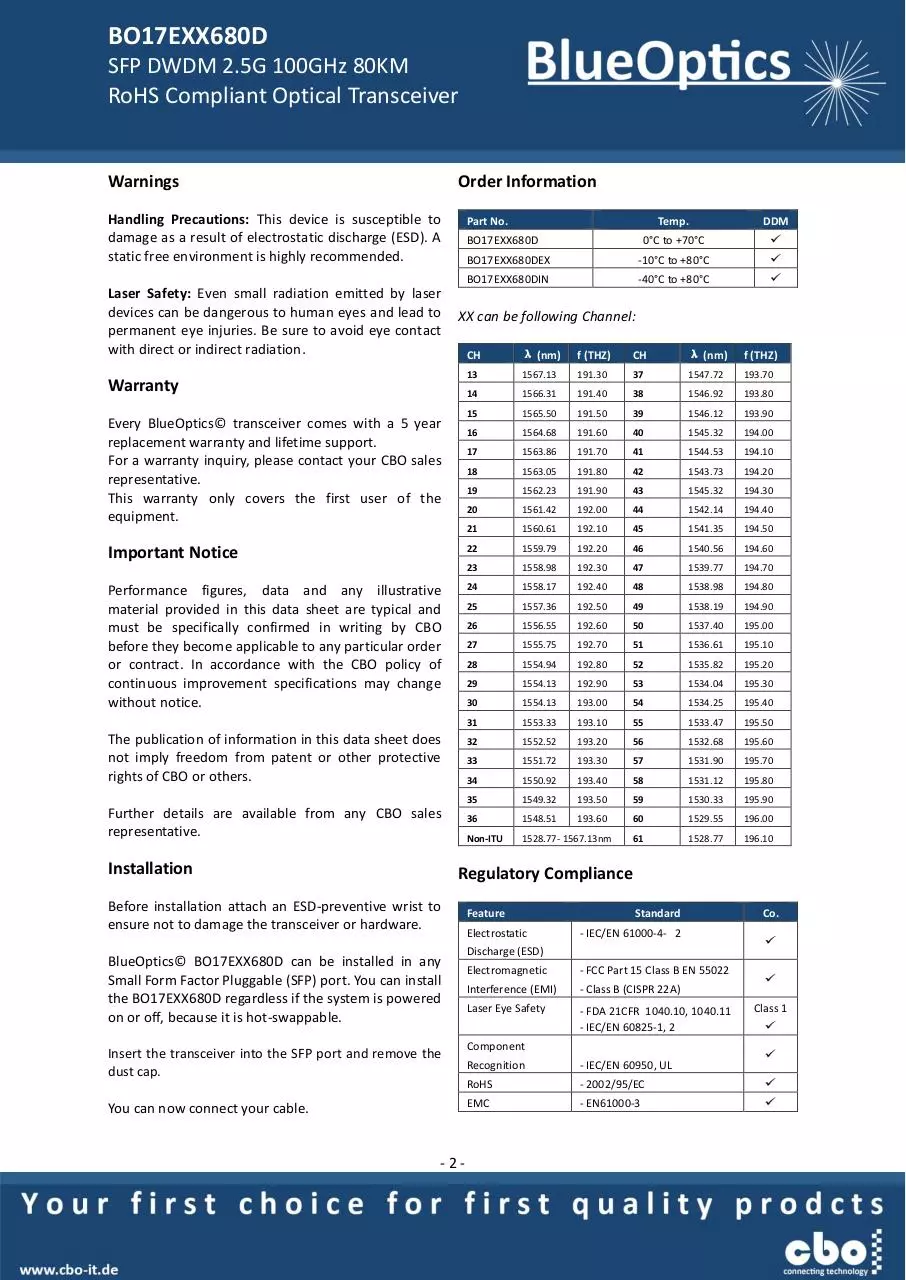Page 2 of 7, BlueOptics BO17EXX680D SFP DWDM Transceiver