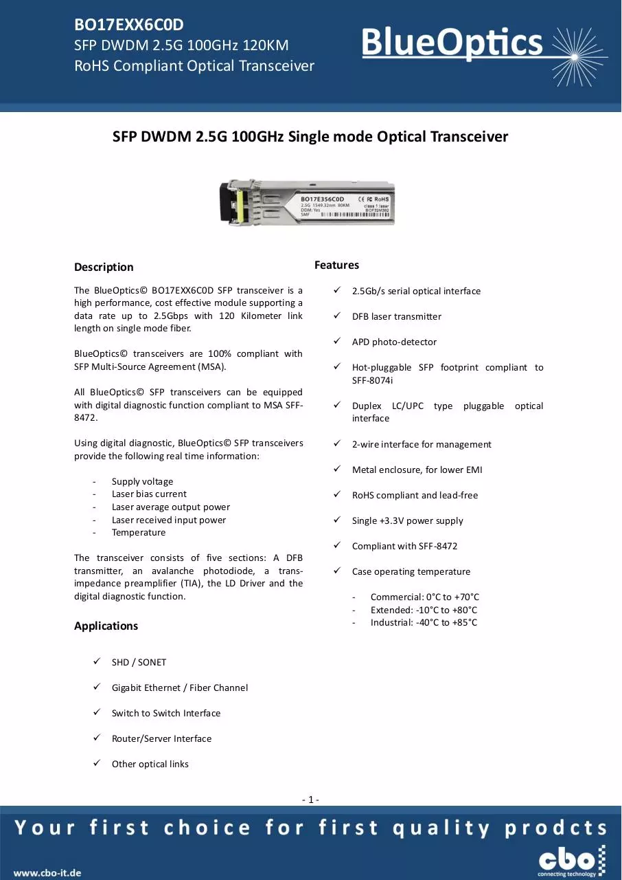 Page 1 of 7, BlueOptics BO17EXX6C0D SFP DWDM Transceiver
