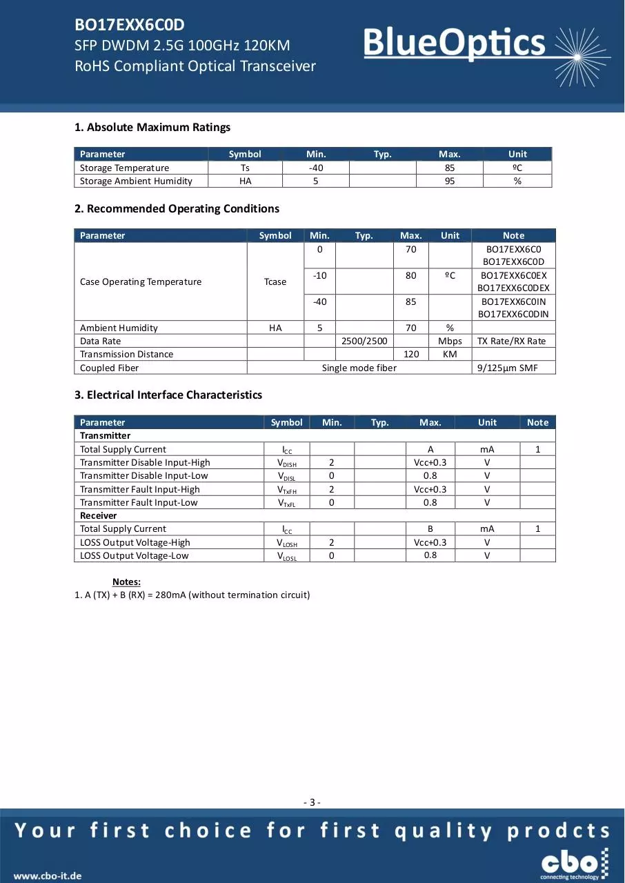Page 3 of 7, BlueOptics BO17EXX6C0D SFP DWDM Transceiver