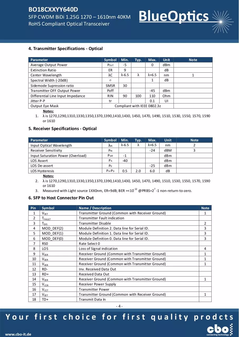 Page 4 of 7, BlueOptics BO18CXXYY640D 1000BASE BX CWDM SFP