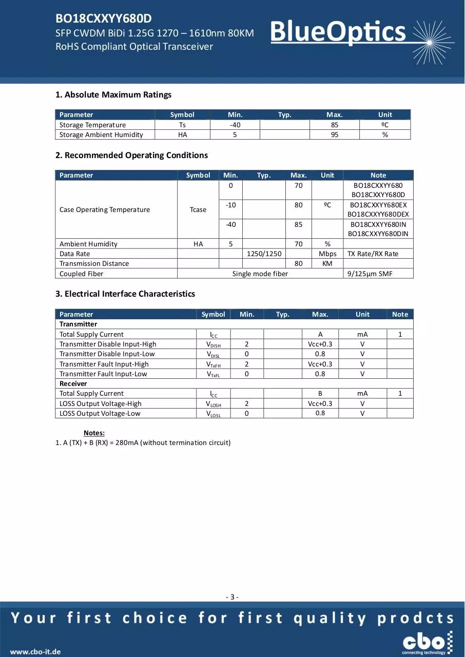 Page 3 of 7, BlueOptics BO18CXXYY680D 1000BASE BX CWDM SFP