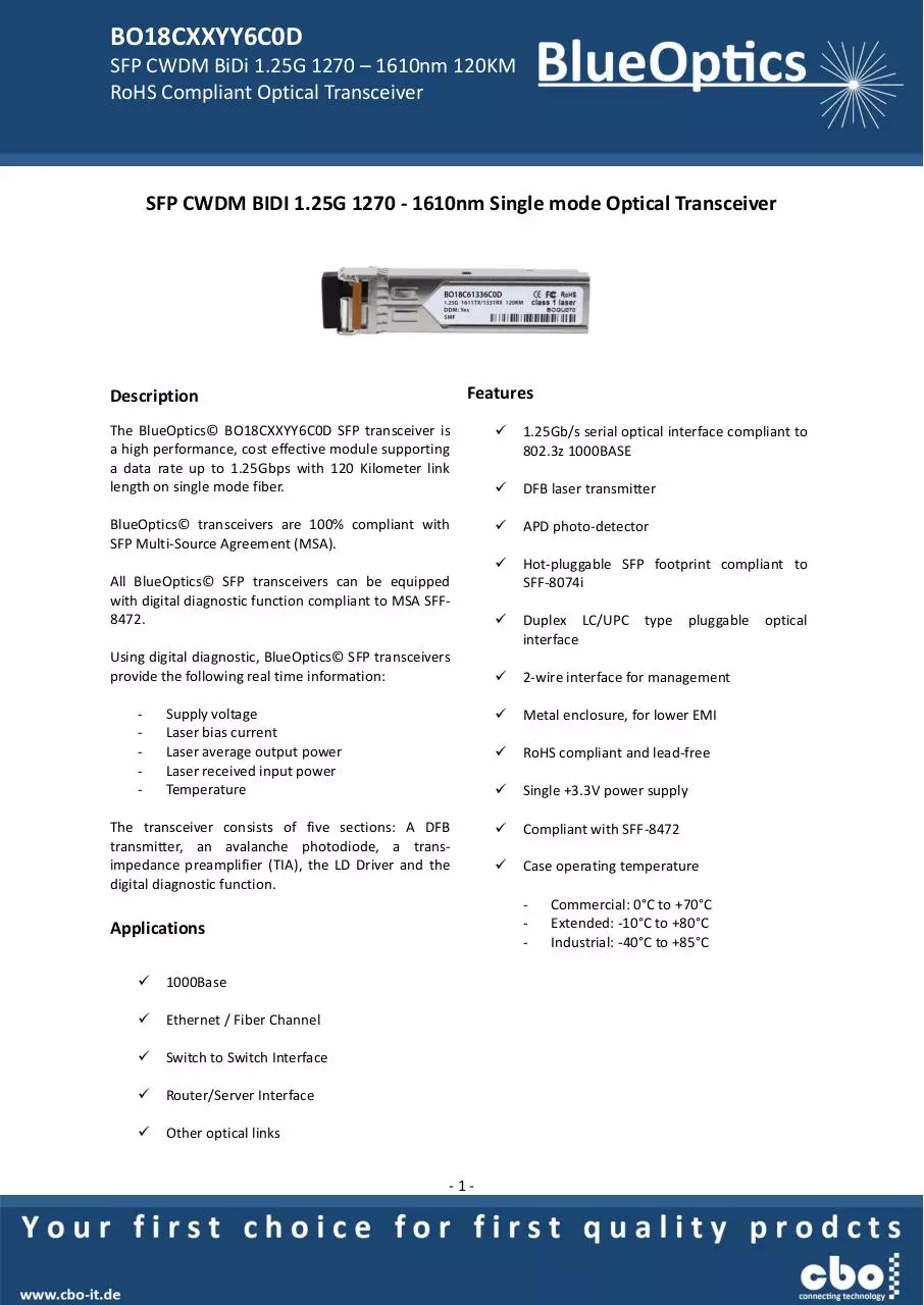Page 1 of 7, BlueOptics BO18CXXYY6C0D 1000BASE BX CWDM SFP