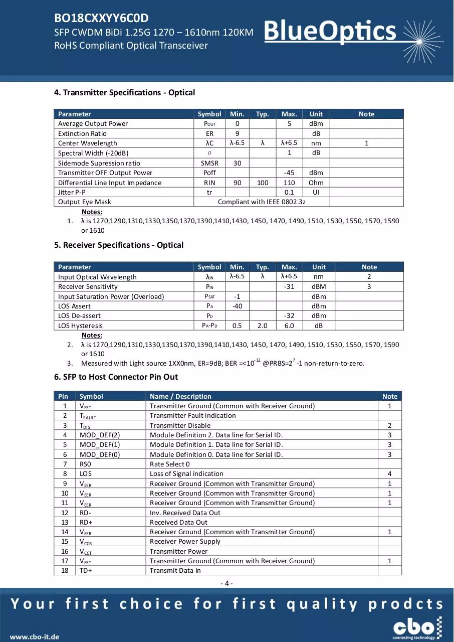 Page 4 of 7, BlueOptics BO18CXXYY6C0D 1000BASE BX CWDM SFP