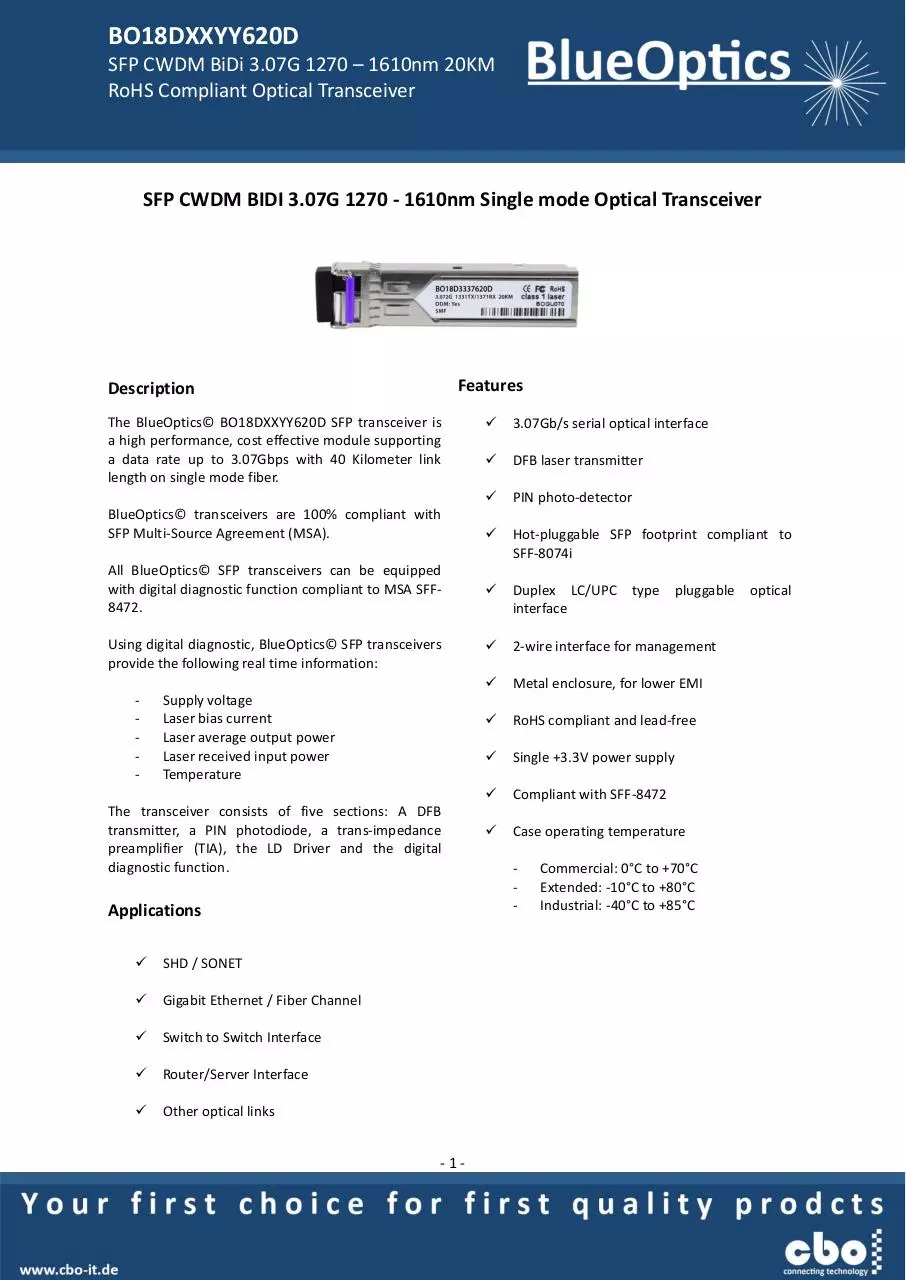 Page 1 of 7, BlueOptics BO18DXXYY620D CWDM SFP Bidi Transceiver