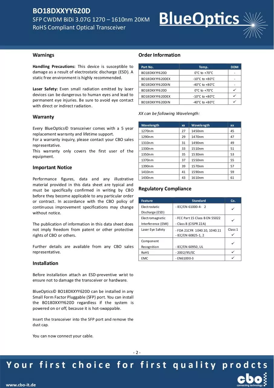 Page 2 of 7, BlueOptics BO18DXXYY620D CWDM SFP Bidi Transceiver