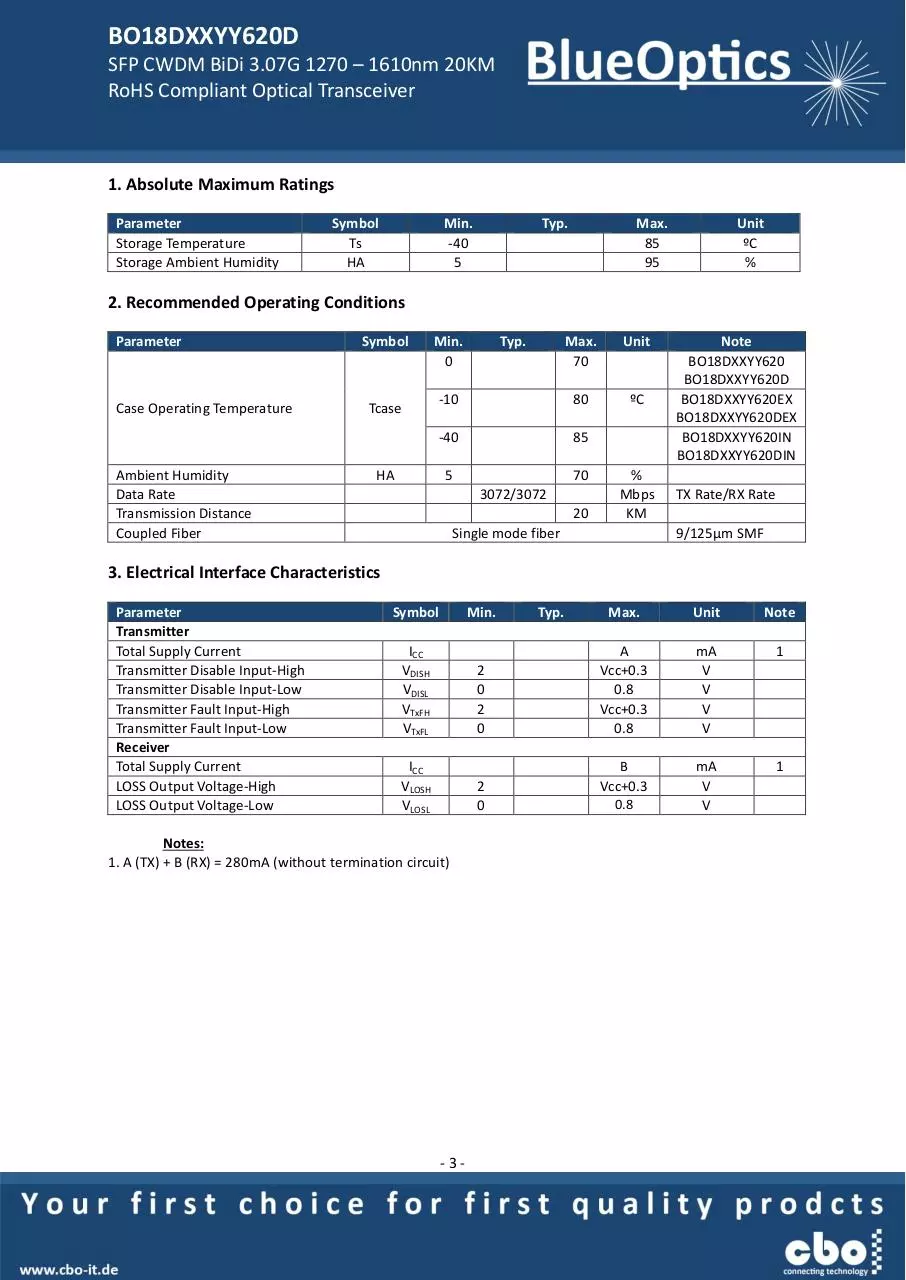 Page 3 of 7, BlueOptics BO18DXXYY620D CWDM SFP Bidi Transceiver