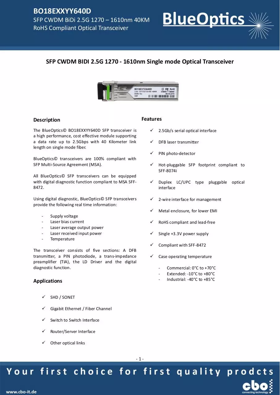 Page 1 of 7, BlueOptics BO18EXXYY640D CWDM SFP Bidi Transceiver