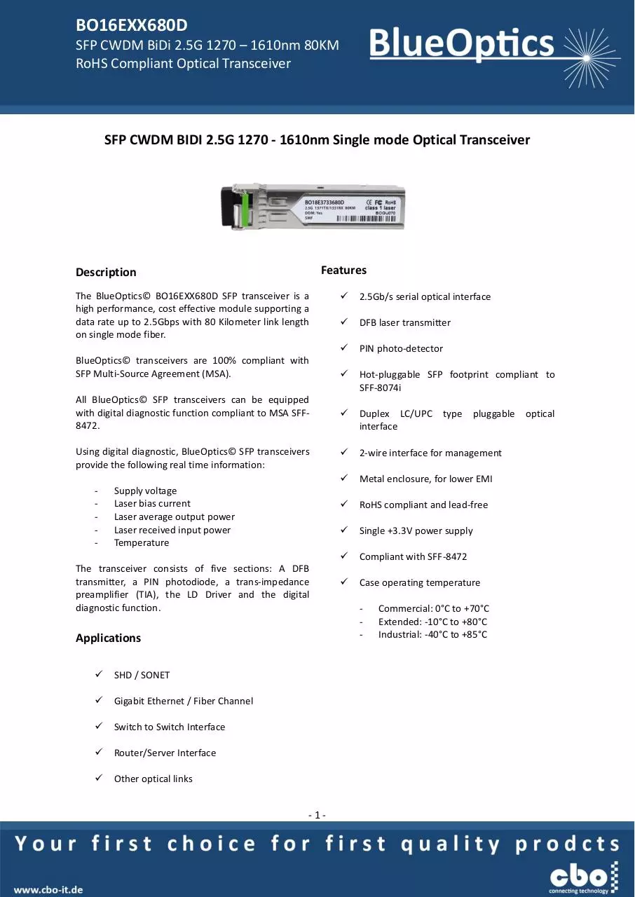 Page 1 of 7, BlueOptics BO18EXXYY680D CWDM SFP Bidi Transceiver