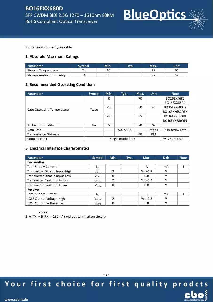 Page 3 of 7, BlueOptics BO18EXXYY680D CWDM SFP Bidi Transceiver