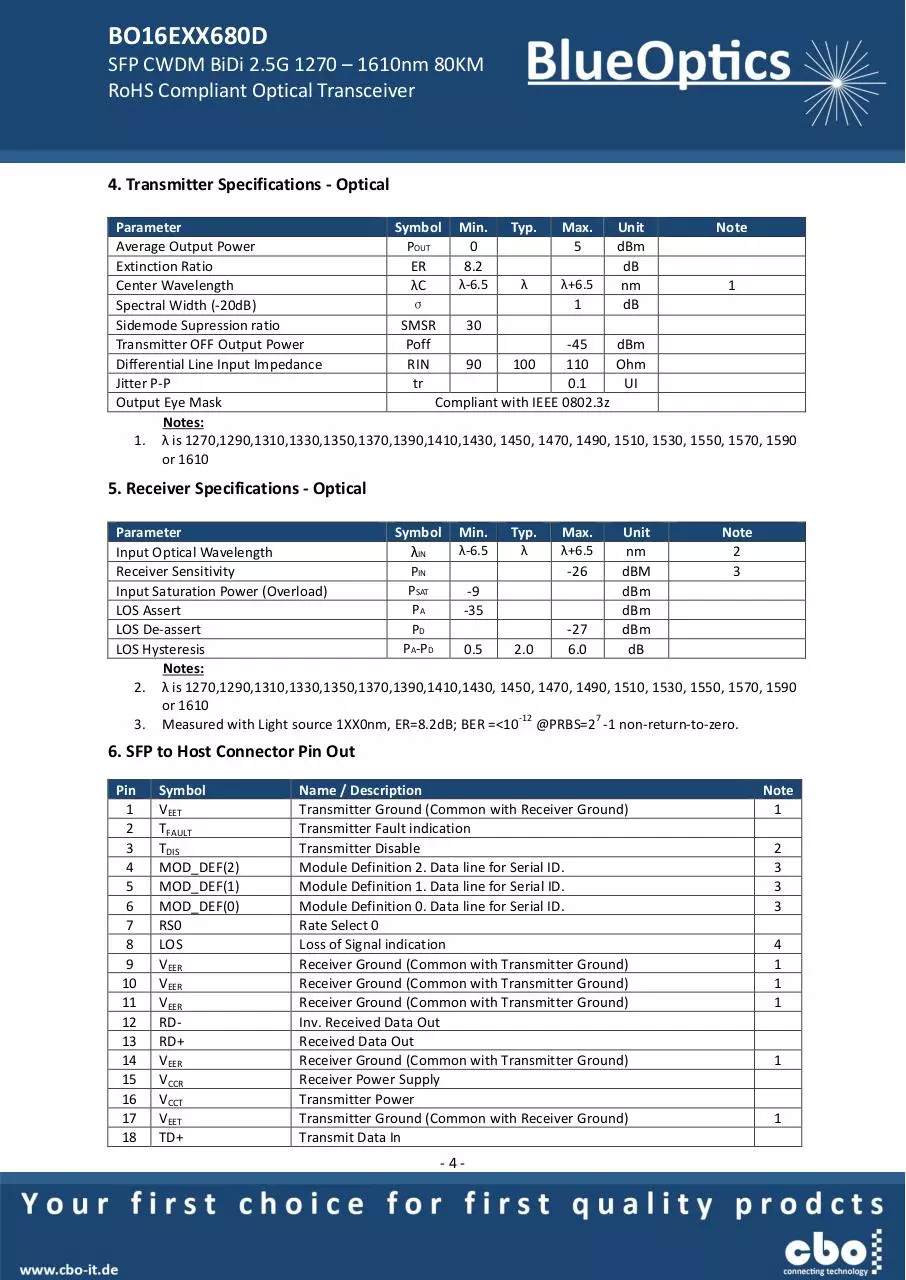 Page 4 of 7, BlueOptics BO18EXXYY680D CWDM SFP Bidi Transceiver