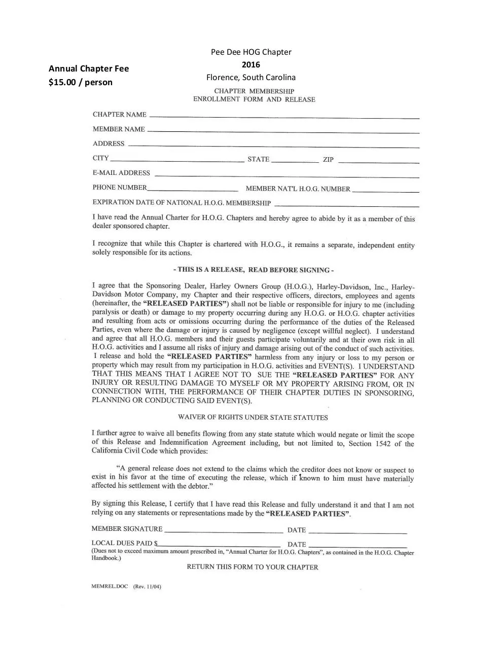 Page 1 of 1, membership form HOG 2016