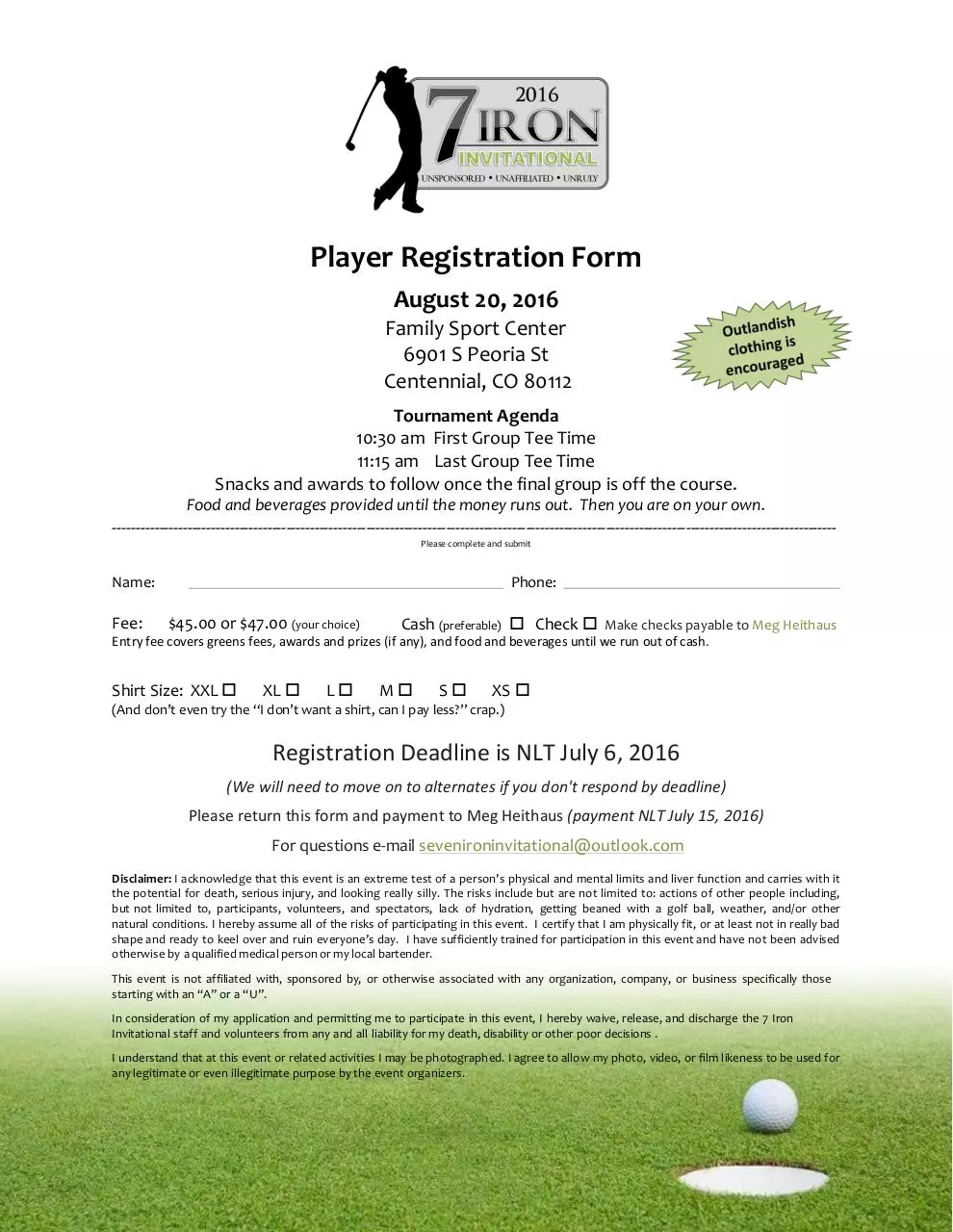 Page 1 of 1, 7 Iron Player Registration Form Rev a