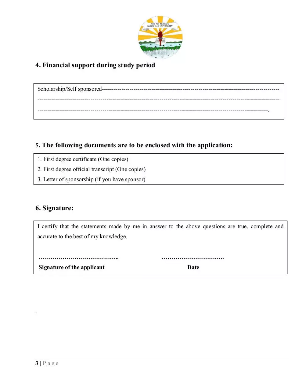 Page 3 of 3, APPLICATION TO ADMISSION TO THE Post Graduate