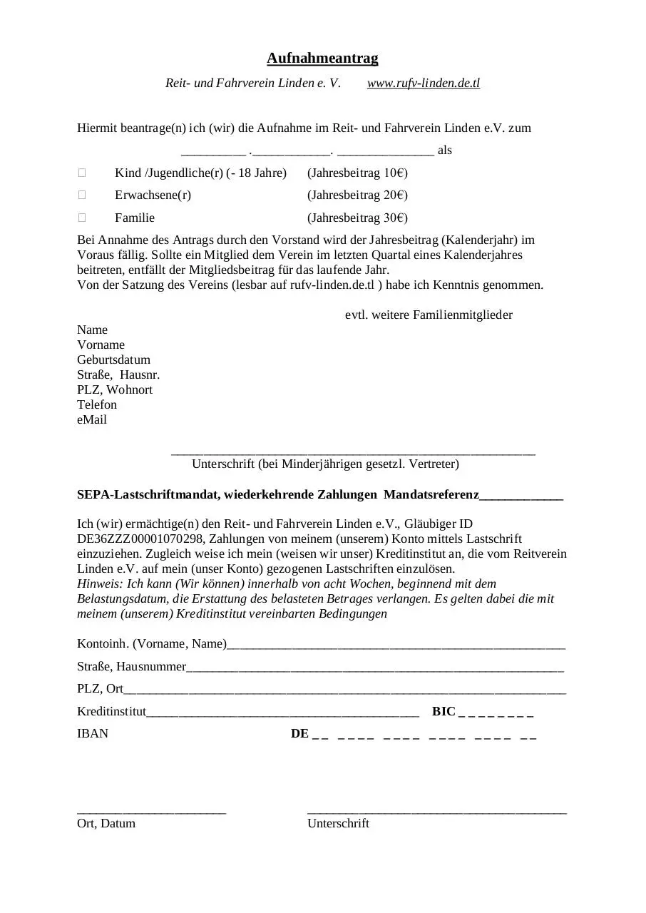 Document preview - Aufnahmeantrag Reitverein incl. SEPA.pdf - Page 1/1