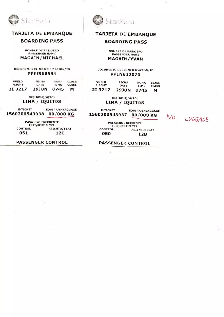 Page 1 of 1, Proof leaving Lima for Iquitos 29 06 2016 WITH NO LUGGAGE