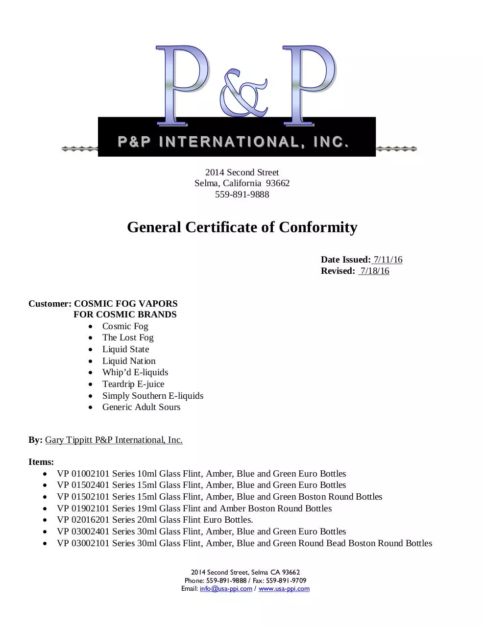 Page 1 of 2, General Certificate of Conformity