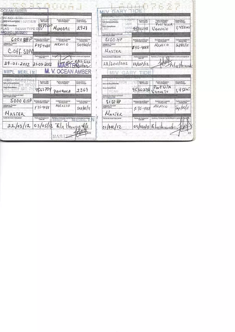 Page 1 of 4, Record of vessel 2012 to 2016 Capt. Felix Hdez #3