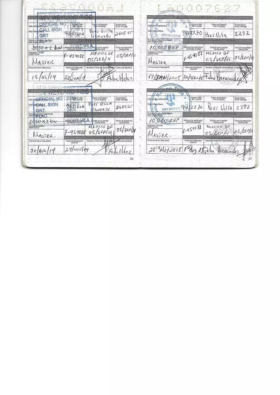 Page 3 of 4, Record of vessel 2012 to 2016 Capt. Felix Hdez #3