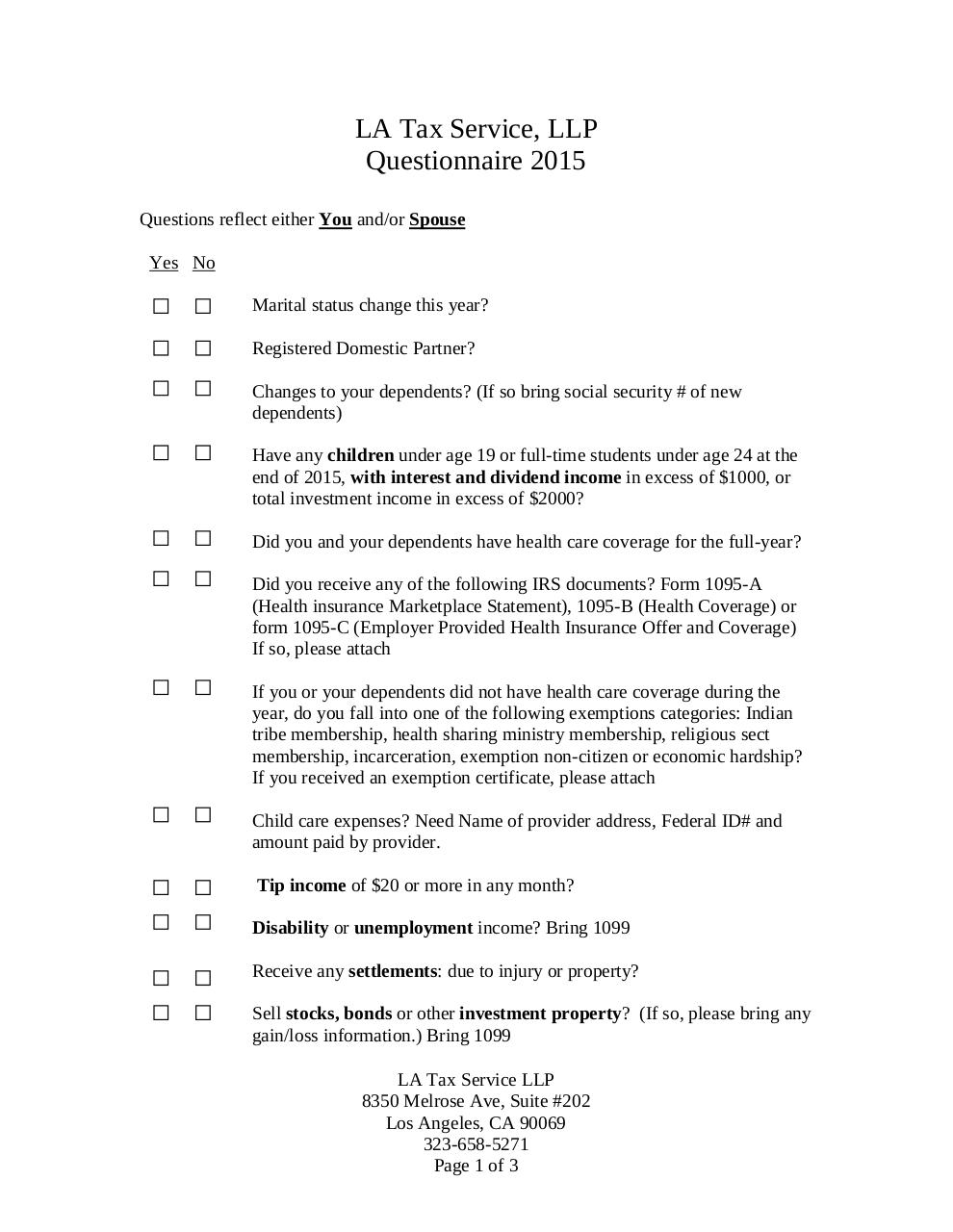 Document preview LA Tax Service Questionnaire 2015.pdf - page 1/3