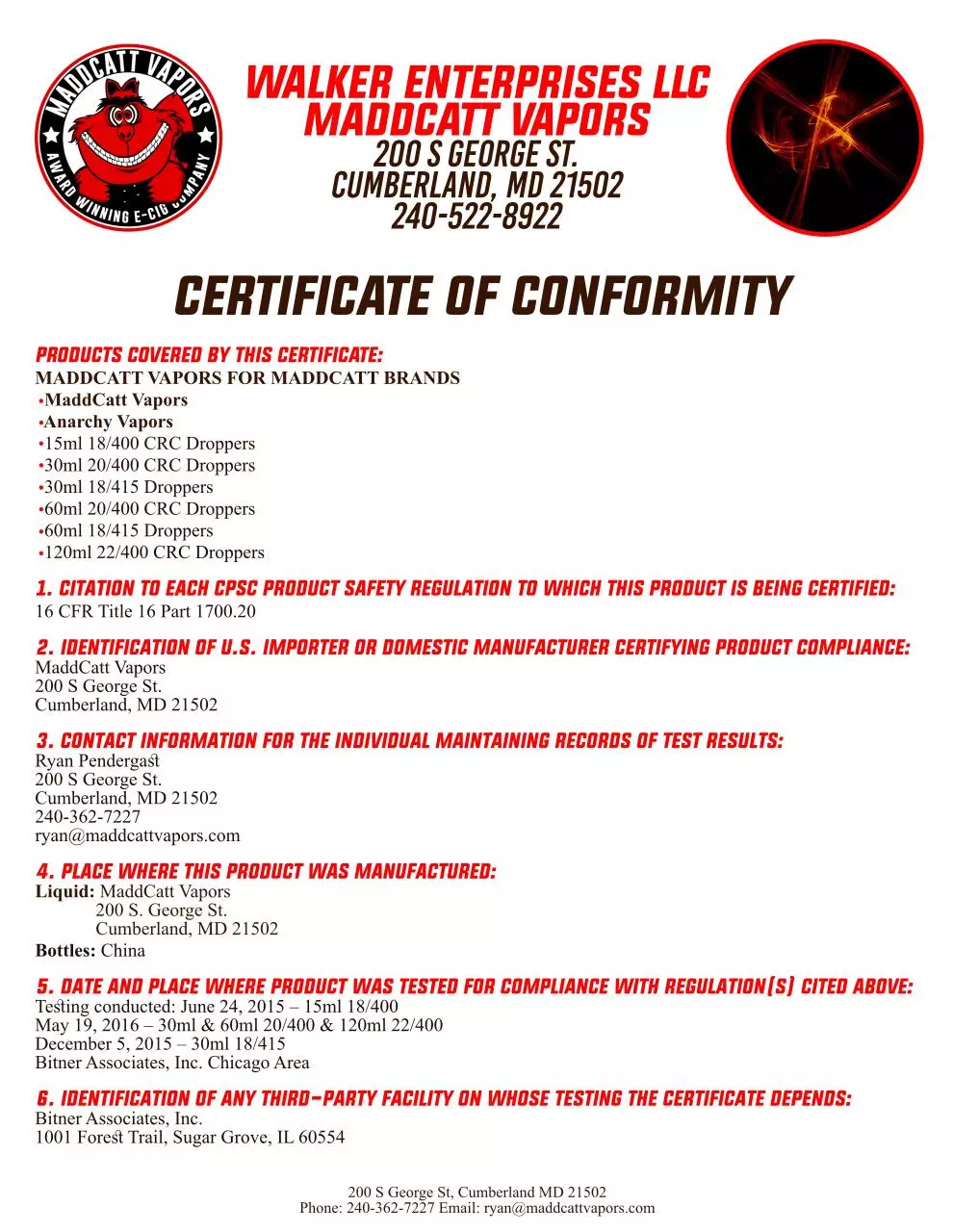 Page 1 of 1, maddcatt and anarchy certificate of conformity