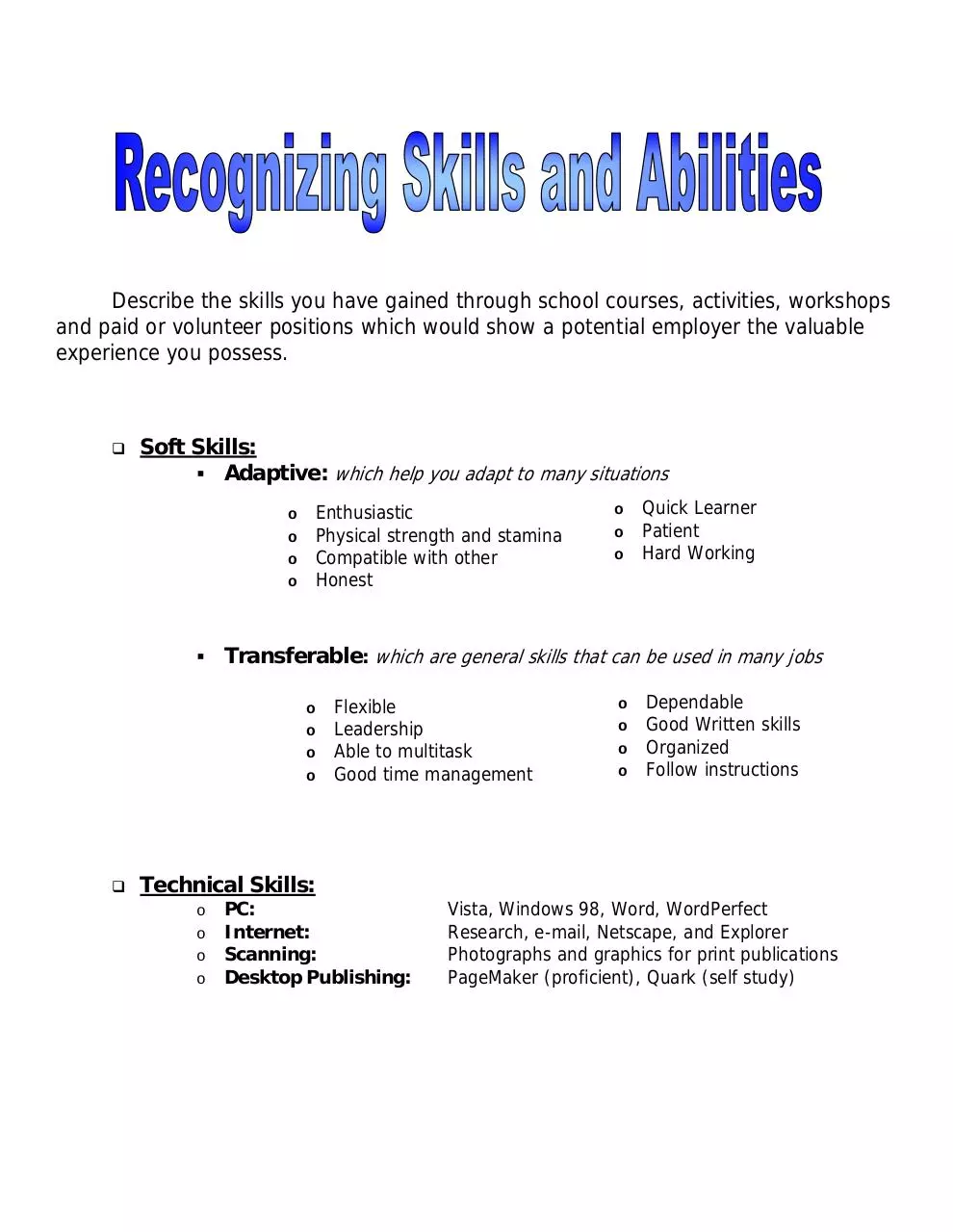 Document preview - Skills and abilities worksheet .pdf - Page 1/1