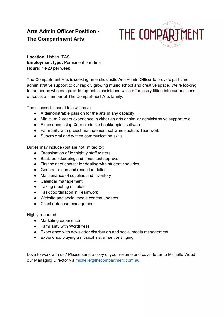 Page 1 of 1, ArtsAdminOfficerAdvertisement TheCompartmentArts 20160726