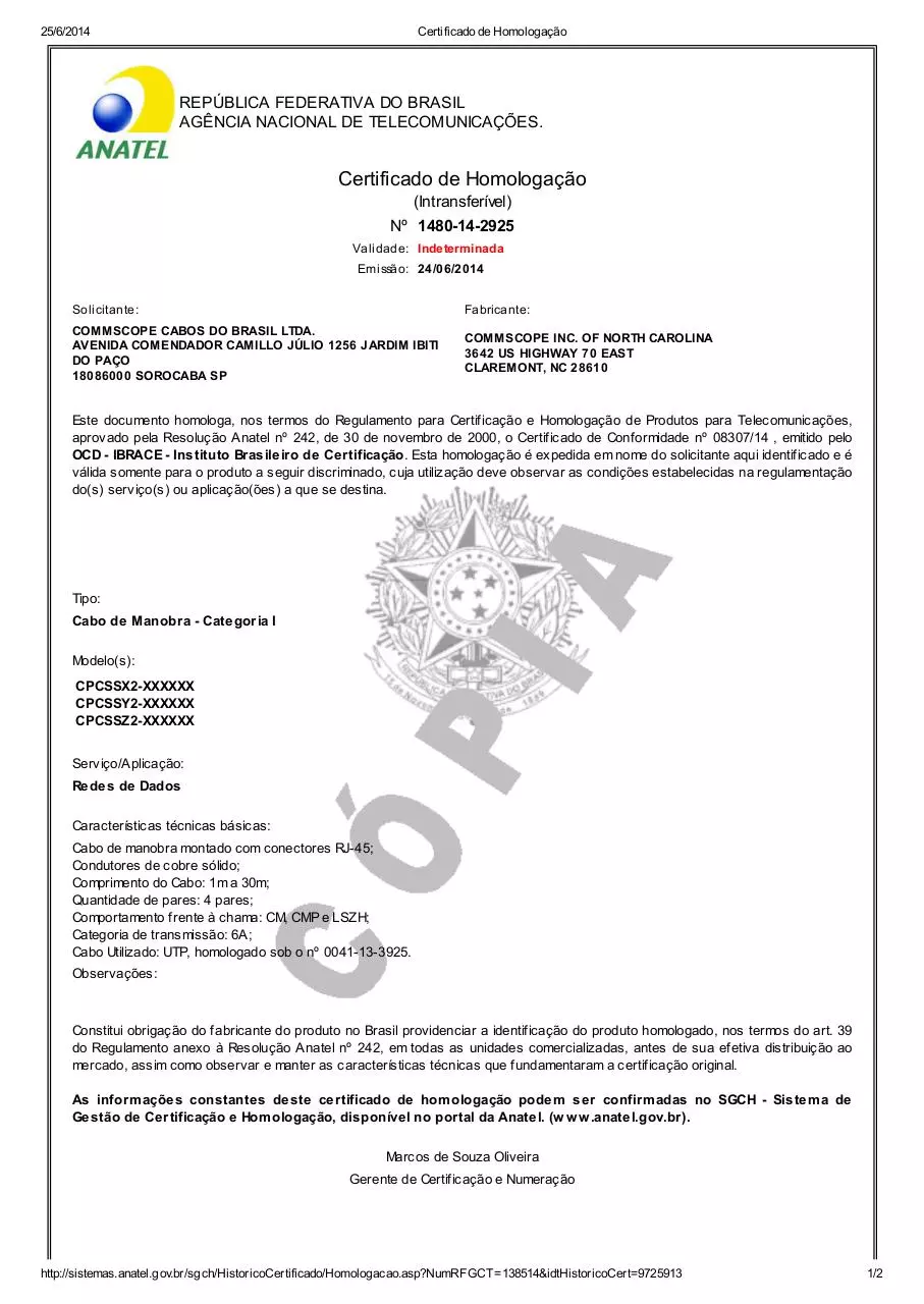 Page 1 of 2, Certificado de Homologação CPCSSX2