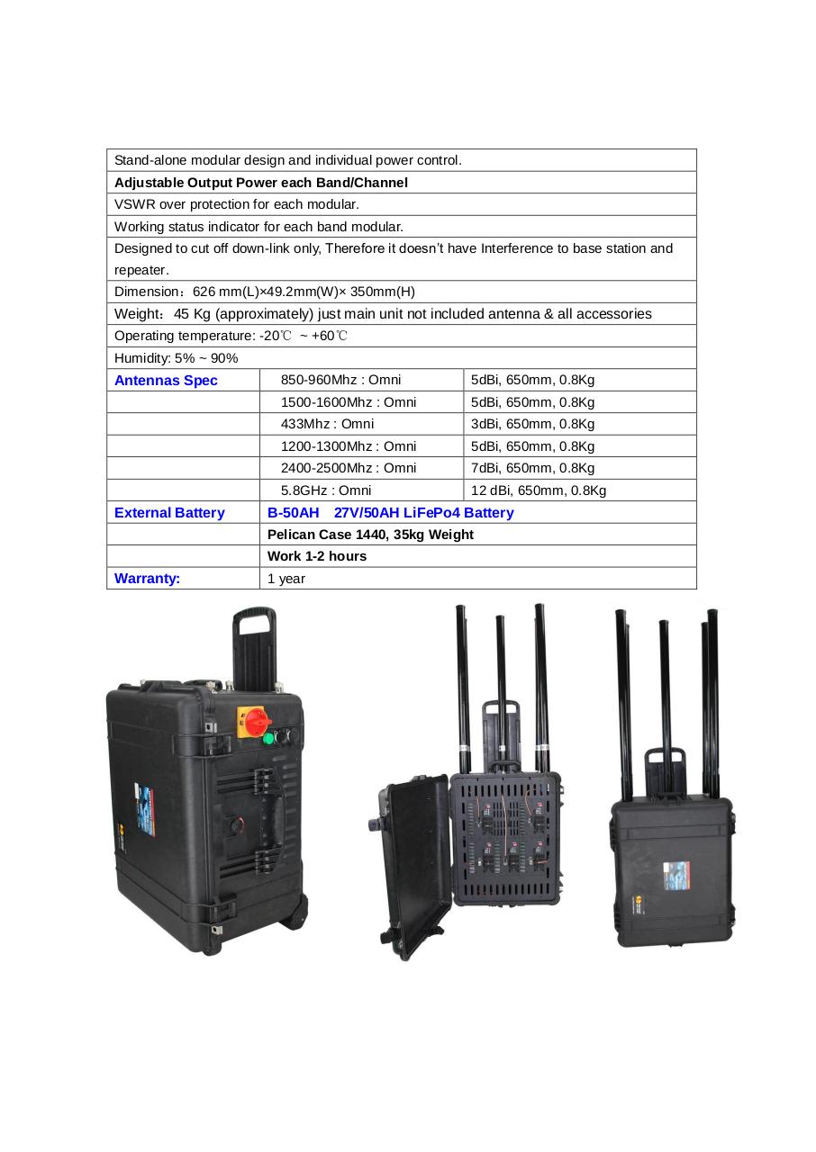 Document preview CT-6067 6 Bands 260W Portable Drone UAV Pelican Jammer.pdf - page 2/4