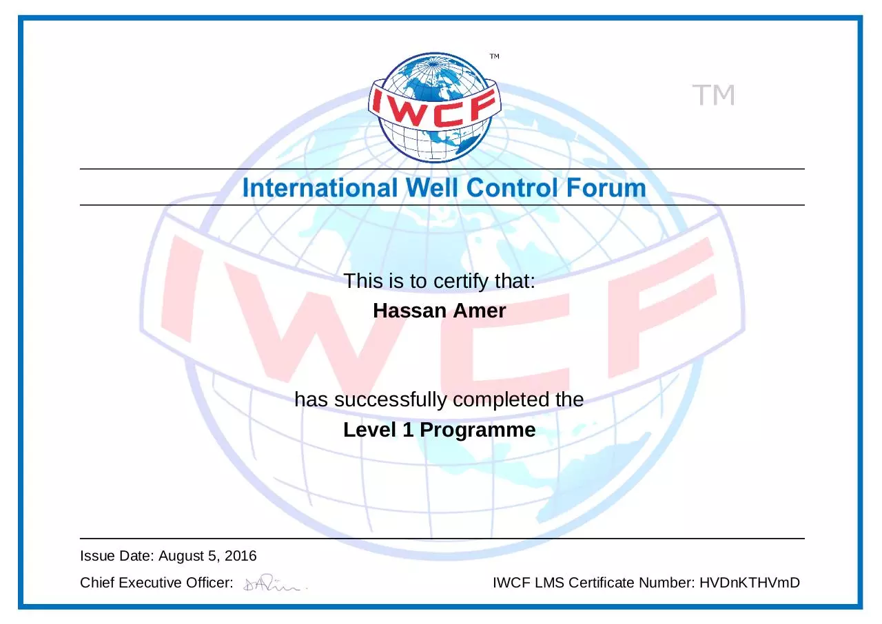 Page 1 of 1, Level 1 Programme IWCF Level 1 Programme