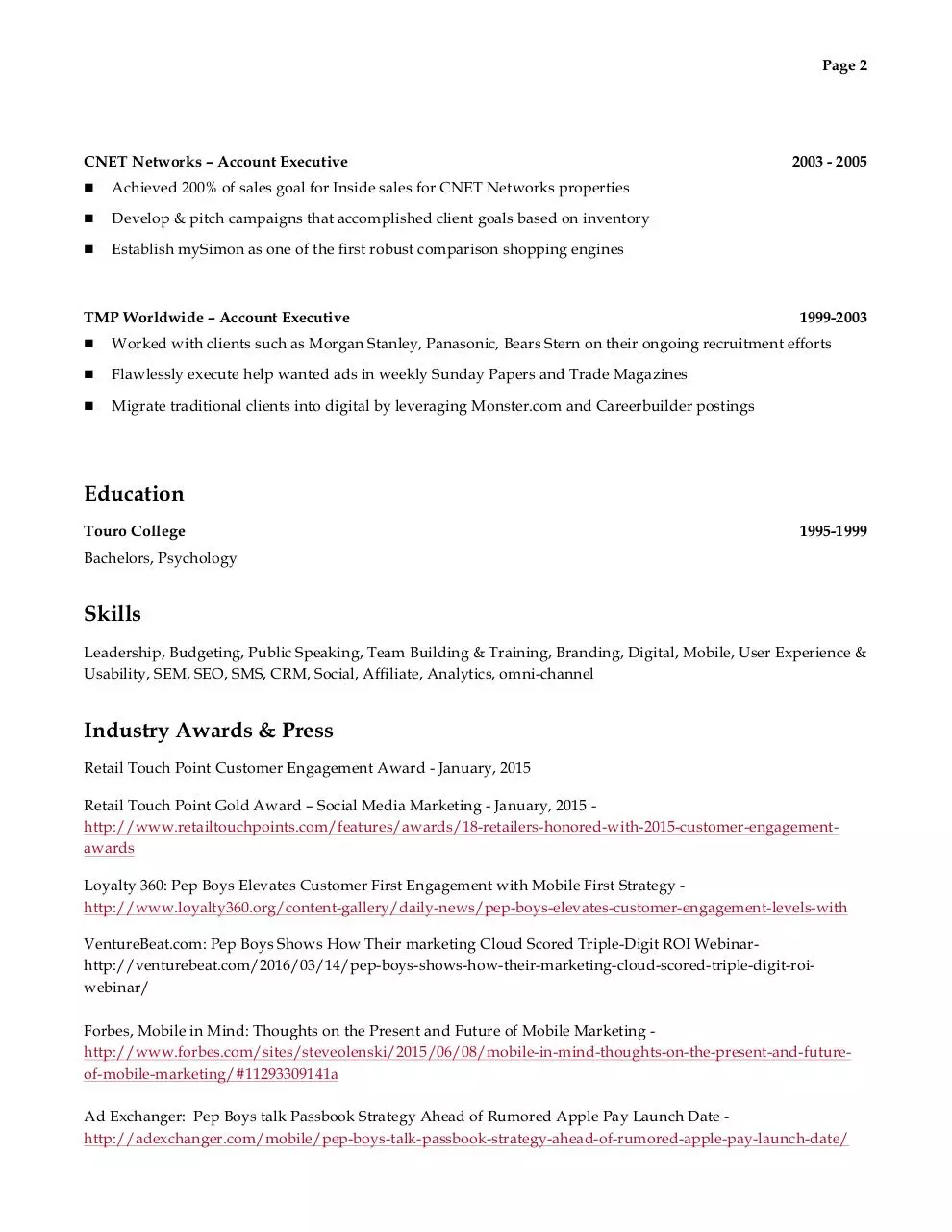Page 2 of 2, Rachel Silva Resume July, 2016