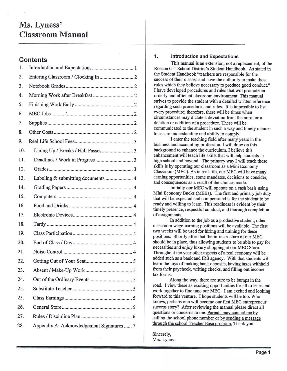 Page 1 of 8, Mrs. Lyness' Classroom Manual