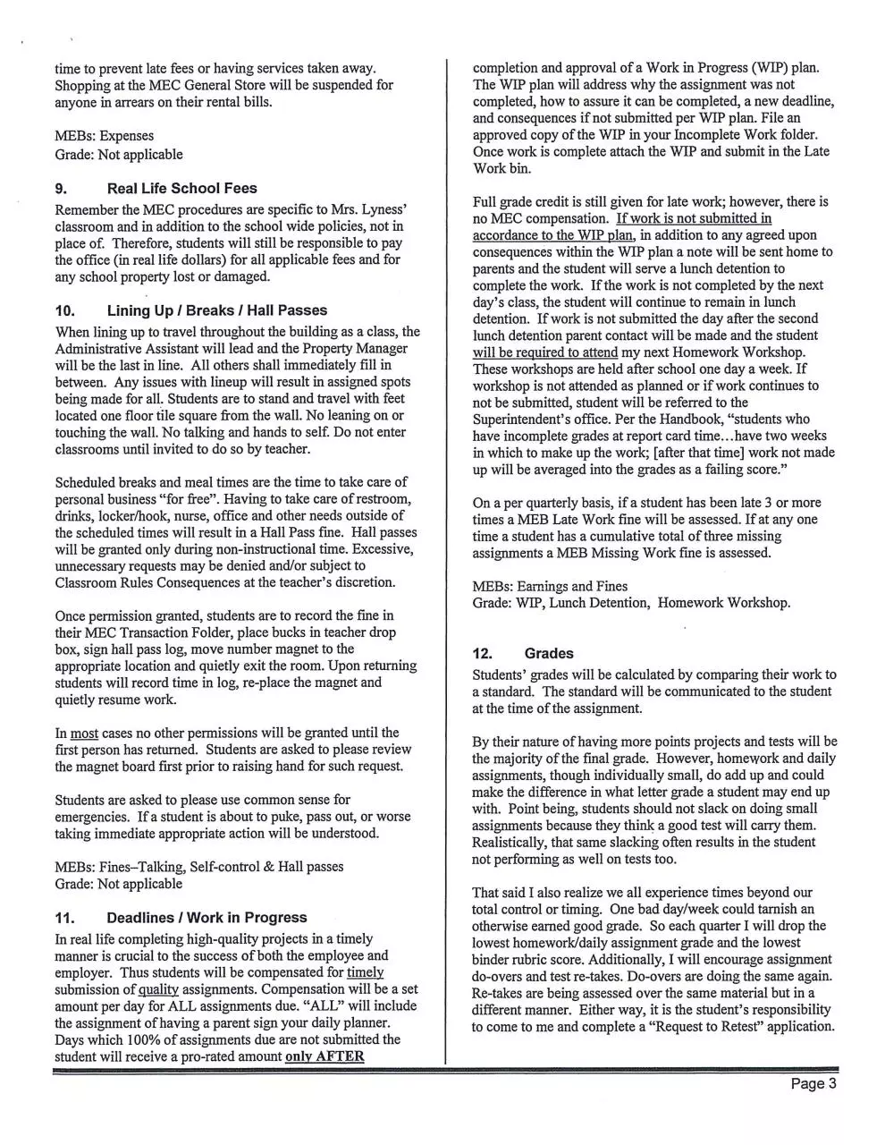 Page 3 of 8, Mrs. Lyness' Classroom Manual