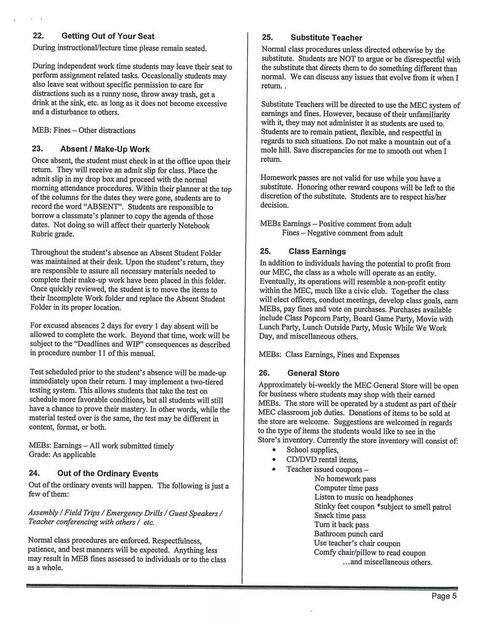 Page 5 of 8, Mrs. Lyness' Classroom Manual