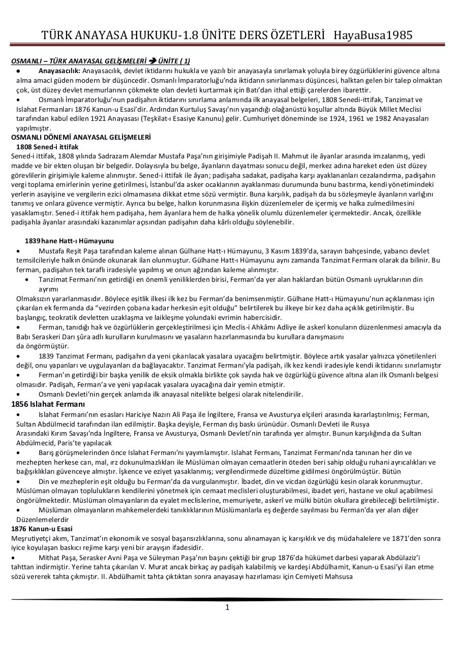 Page 1 of 20, TÜRK ANAYASA HUKUKU final özet 1.yarÄ±yÄ±l (1)