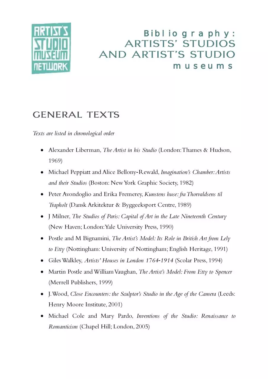 Page 1 of 5, Studio Museum Resources The Artist's Studio Museum Network