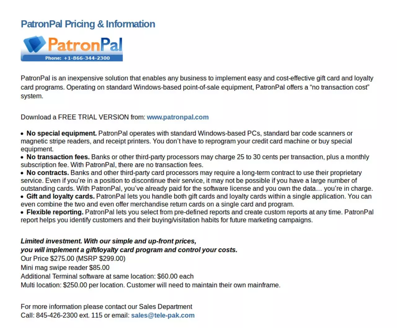 Page 1 of 1, Patronpal Priceing and informatuion