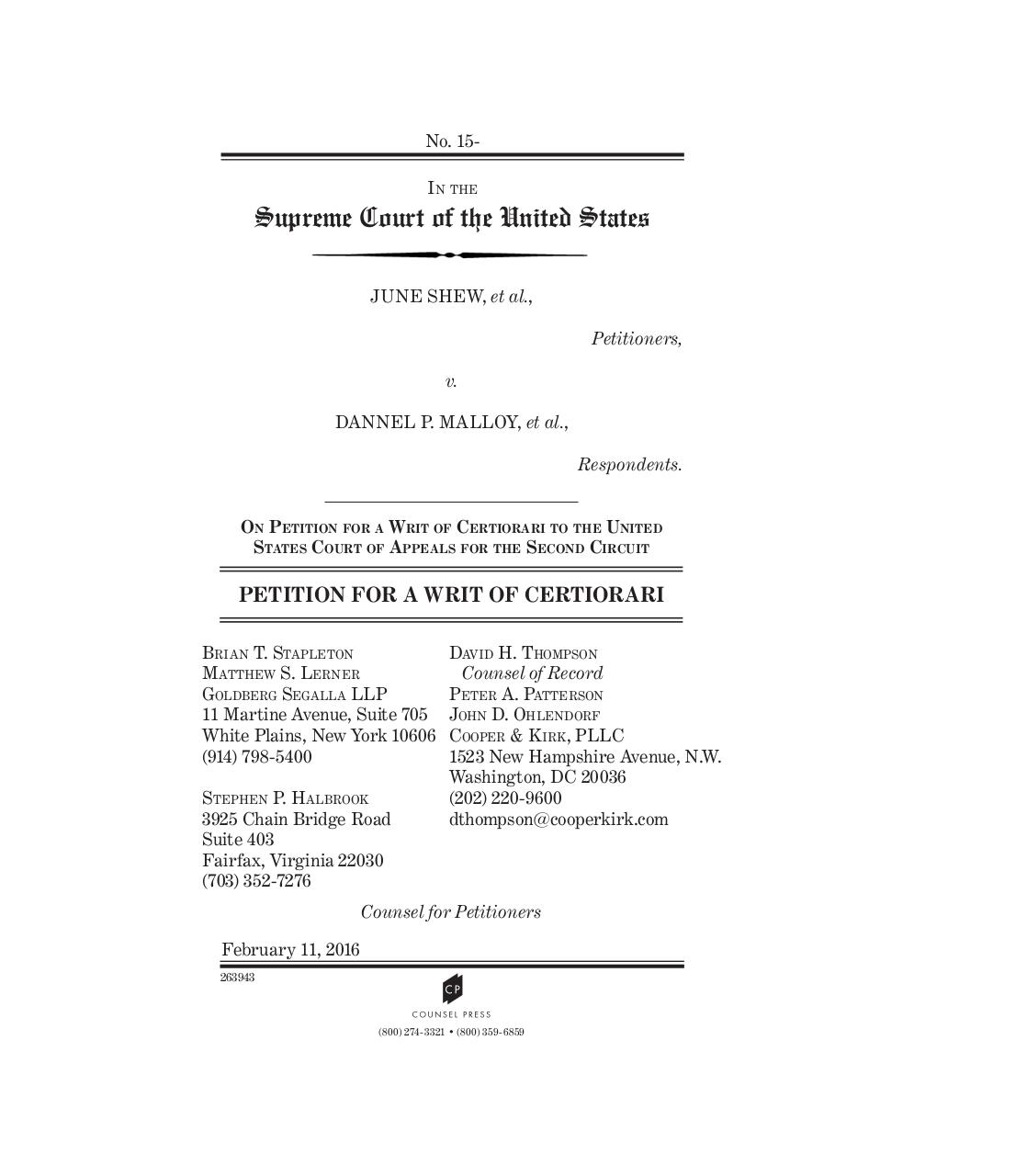 Shew v Malloy SCOTUS Petition.pdf - page 1/486