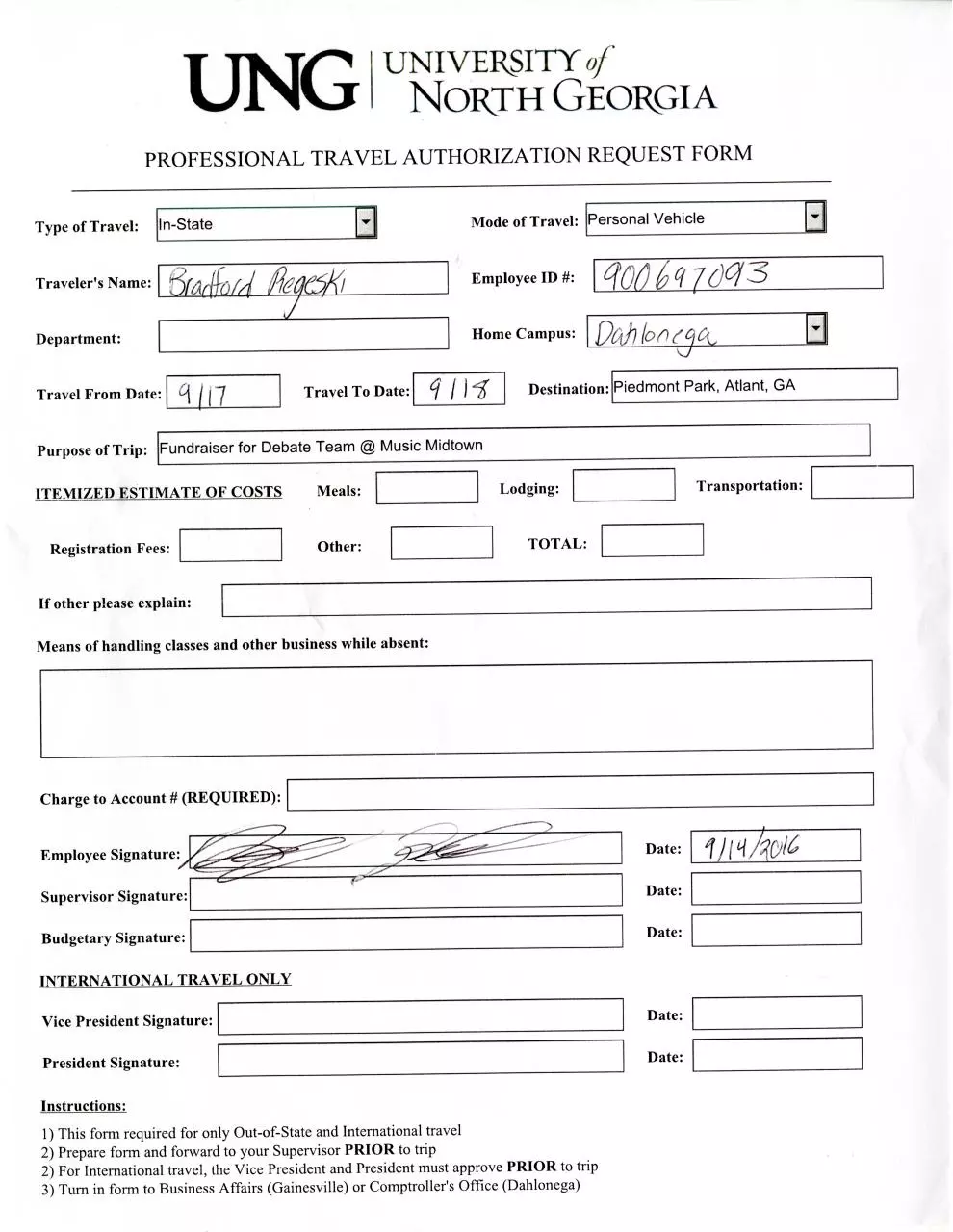 Page 1 of 1, TravelAuthFormBradRegeski