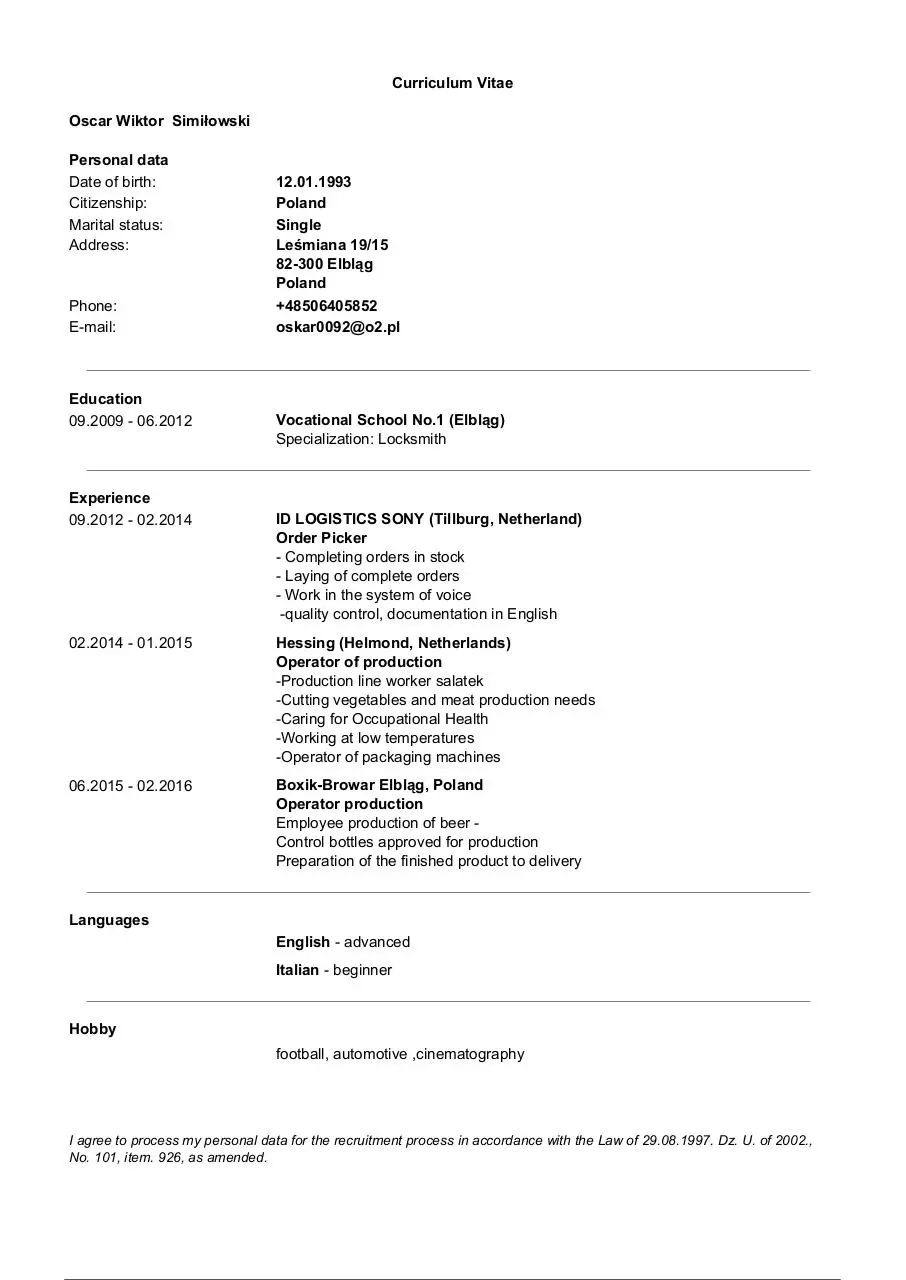 Document preview - Oskar_SimiÅ‚owski English CV.pdf - Page 1/1