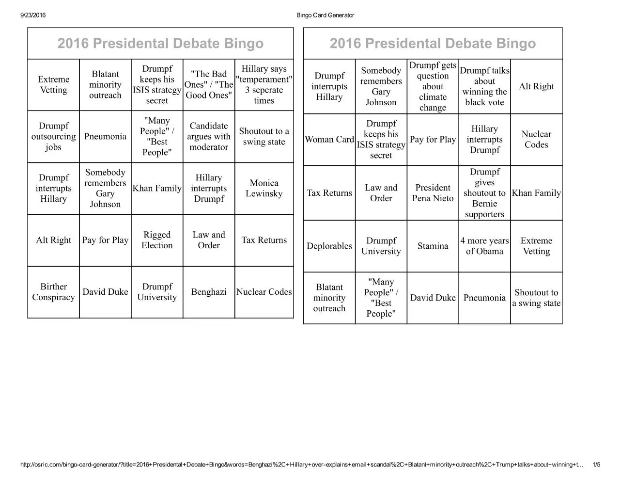 Page 1 of 5, Debate Bingo