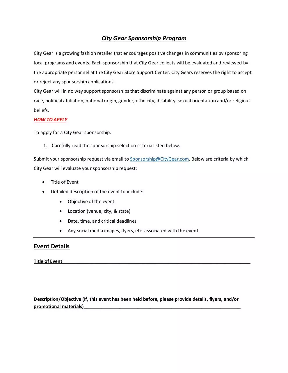 Page 1 of 4, City Gear Sponsorship Form