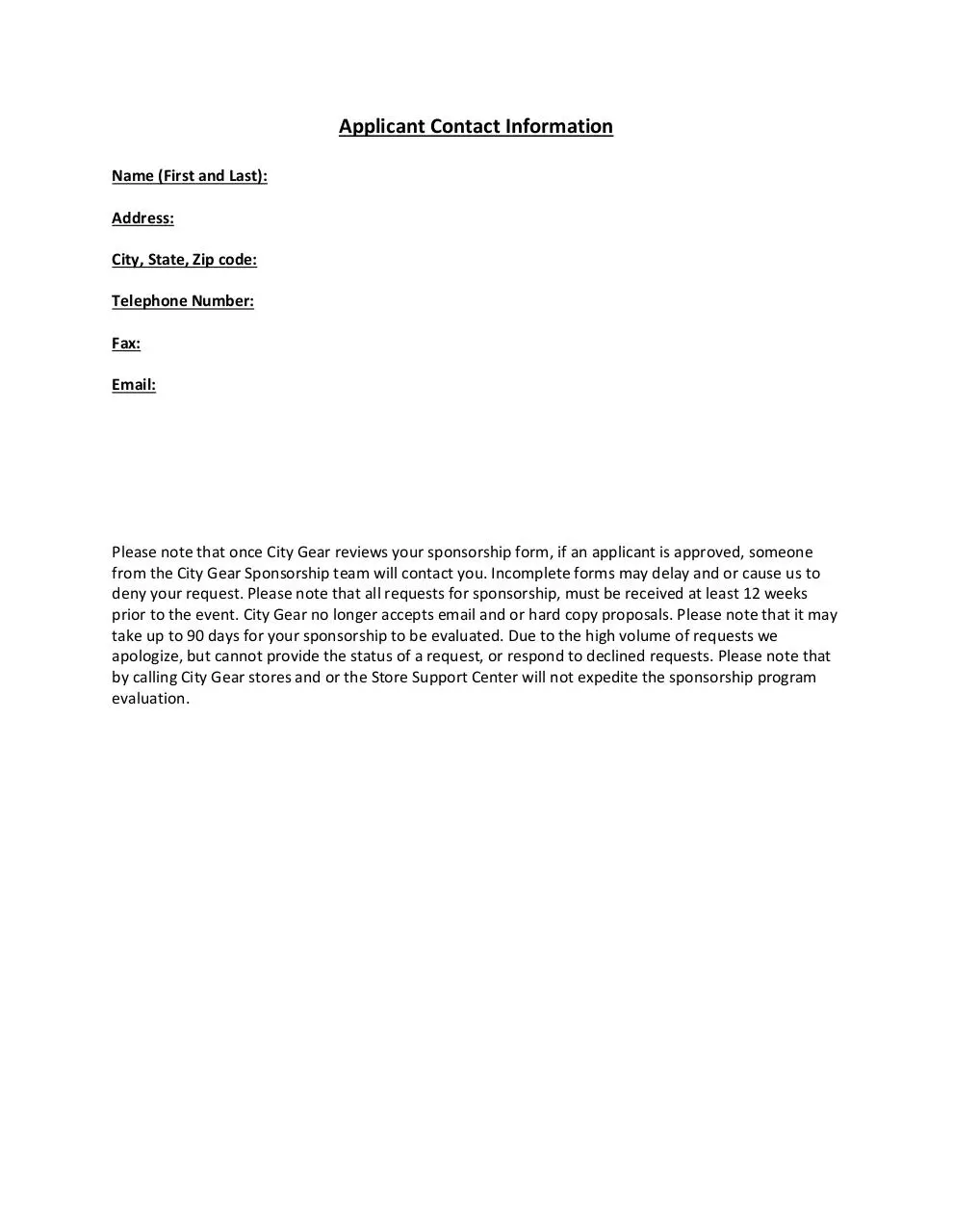 Page 4 of 4, City Gear Sponsorship Form