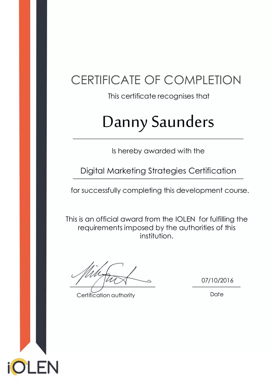 Page 1 of 1, Danny Saunders Digital Marketing Strategies Certificate