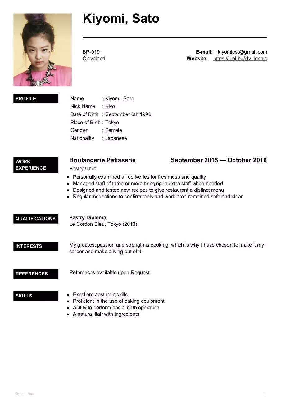 Page 1 of 1, Kiyo's CV