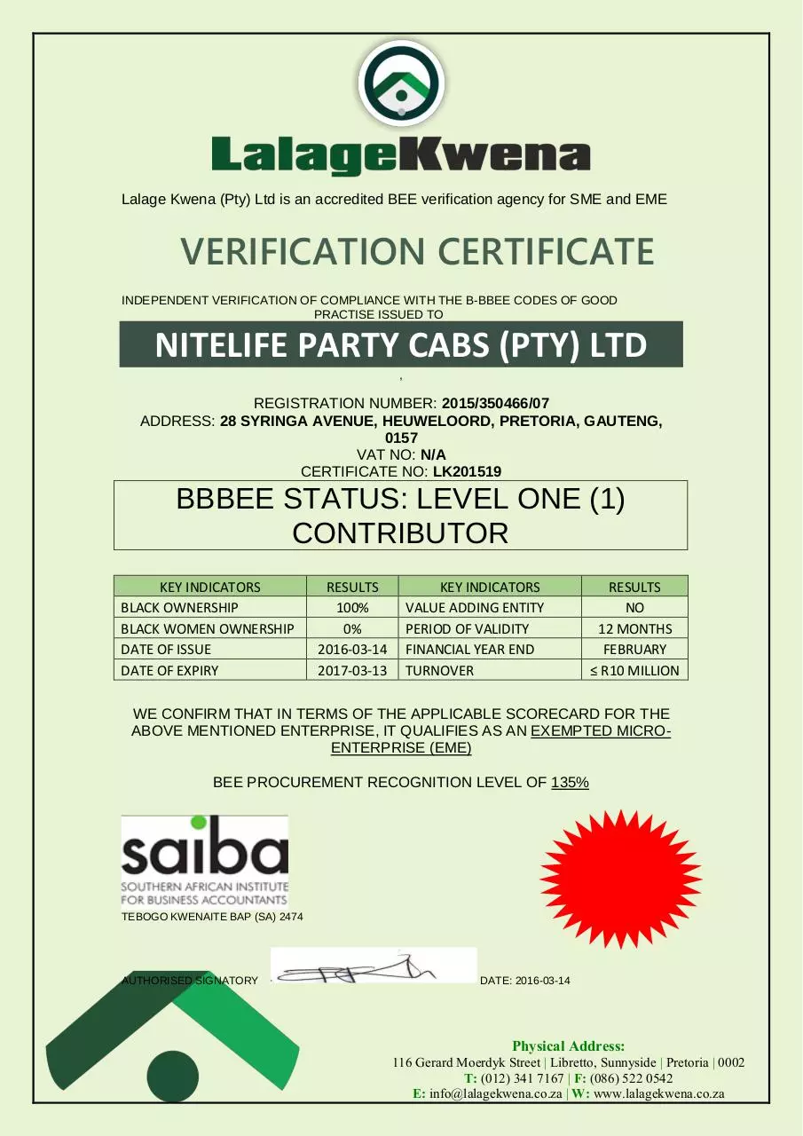 Document preview - BEE Certificate - Nitelife Party Cabs.pdf - Page 1/1