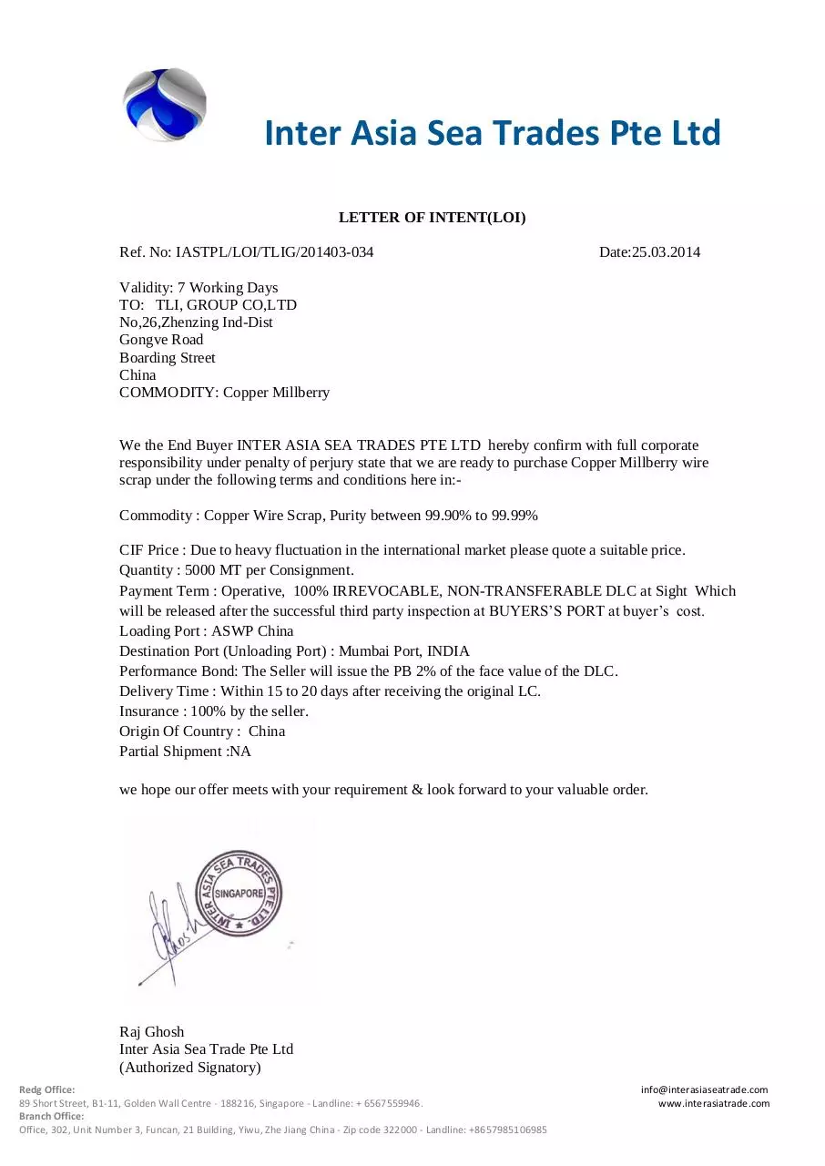 Document preview - COPPER LOI TO TLI GROUP -PITWAY 24.3.14.pdf - Page 1/1