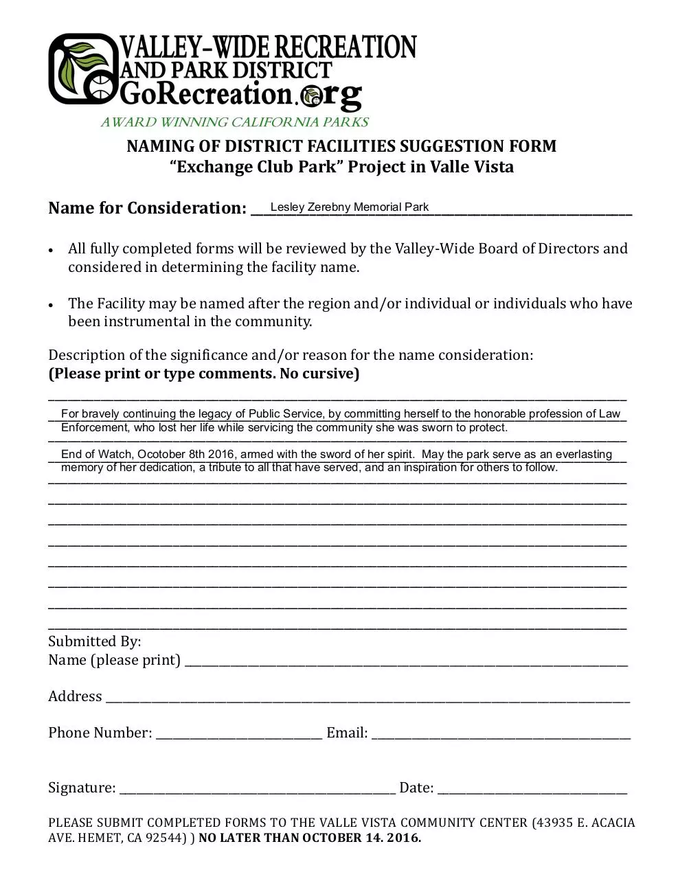 Page 1 of 1, Lesley Zerebny Park form