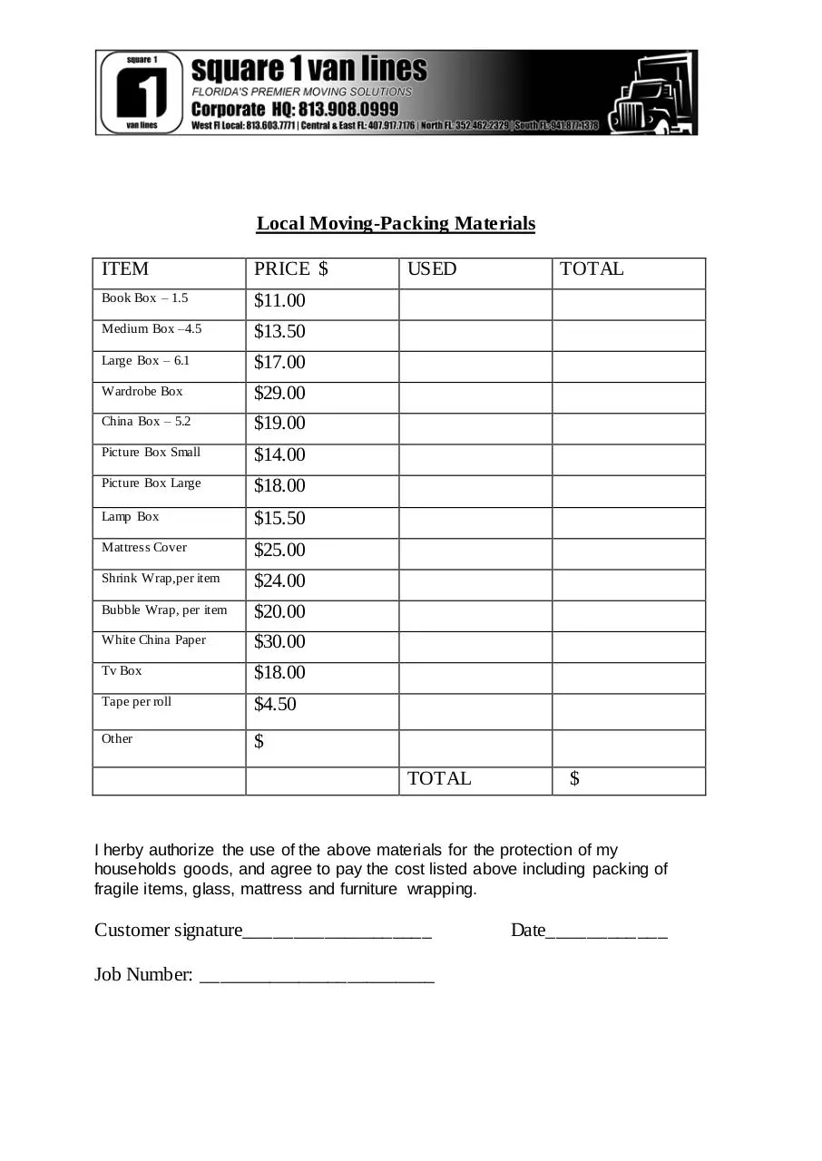 Page 1 of 1, Materials Price List